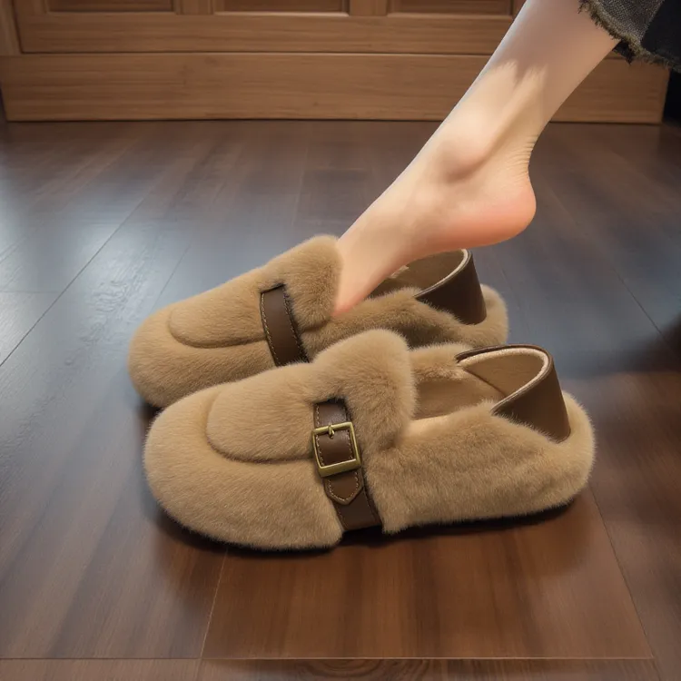 小香风水貂绒毛毛鞋女冬季外穿欧货加绒雪地靴软底一脚蹬豆豆棉鞋