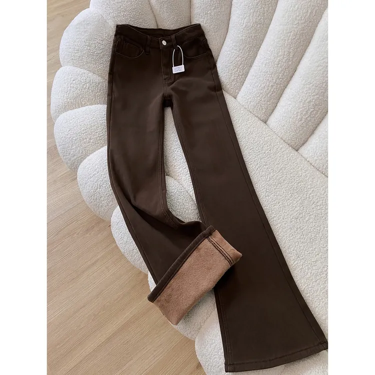 美拉德咖色加绒微喇牛仔裤女秋冬季新款高腰修身显瘦喇叭马蹄裤
