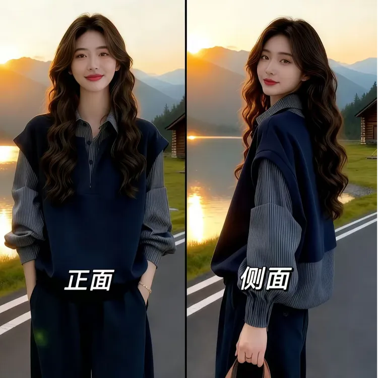 【现货】秋季大码女装胖MM独特假两件拼接格子长袖衬衫女慵懒上衣