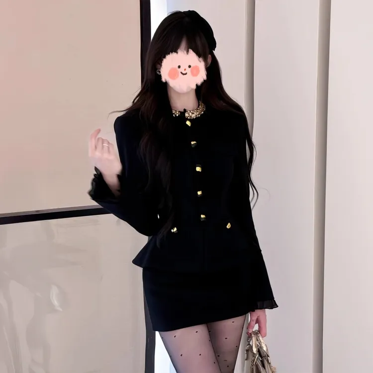 气质小香风套装女冬季2025新款辣妹千金外套包臀短裙两件套