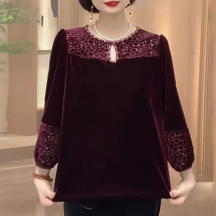 2025春秋新款中老年圆领九分袖真丝绒烧花大码金丝绒妈妈装上衣女