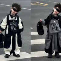 儿童韩版套装2025新款美式机车风拼接卫衣百搭休闲裤子两件套潮M6