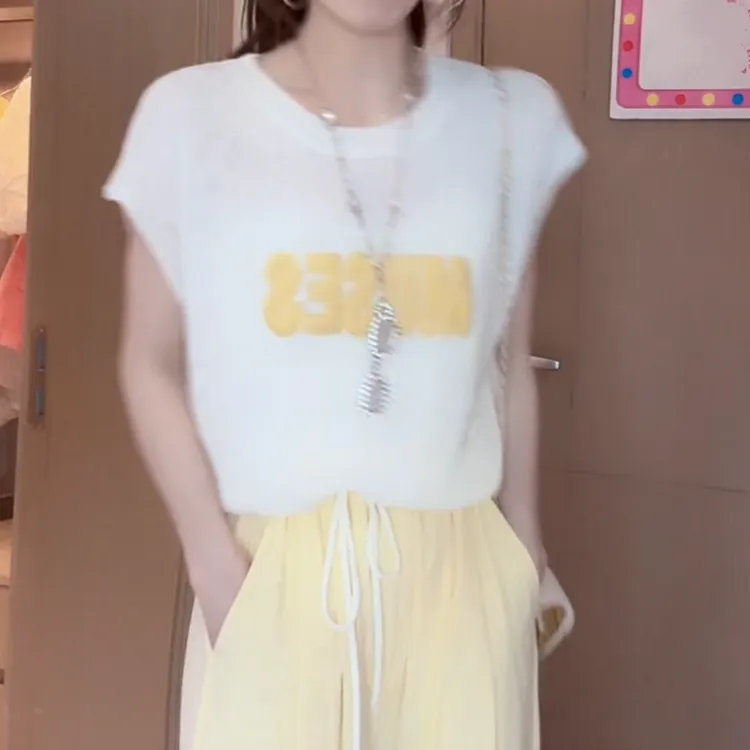冰凉感字母设计感小清新短袖T恤夏季2025新款减龄百搭小飞袖上衣