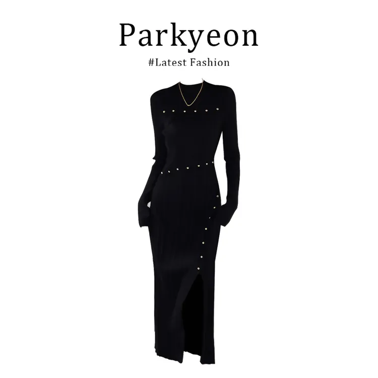 MARIE.COCO冬季气质黑色连衣裙秋冬新款毛衣裙针织连衣裙显瘦长裙