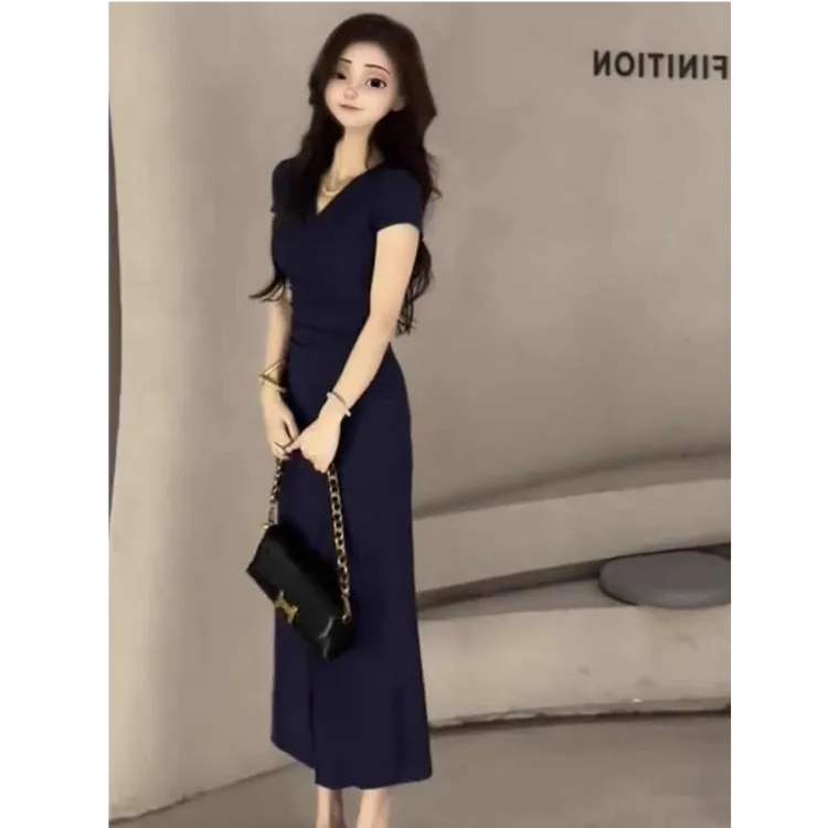 法式复古纯欲性感V领连衣裙女2025夏季新款气质收腰显瘦包臀长裙
