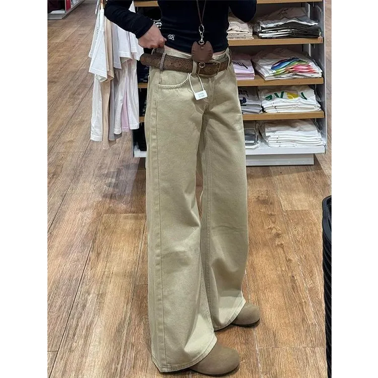 美式复古辣妹卡其色微喇牛仔裤女低腰显瘦宽松垂感喇叭阔腿长裤子