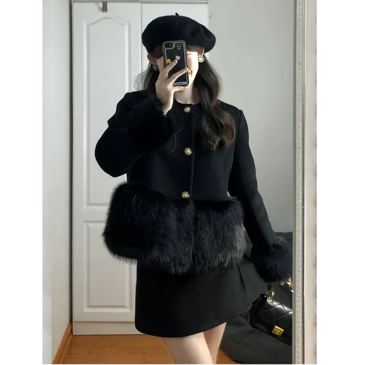 2025秋冬新款气质名媛黑色毛毛拼接呢子短外套半裙两件套装女