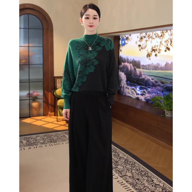 2025年秋冬新款【6612】含绵羊时尚气质长袖灰绿色织花针织毛衣女