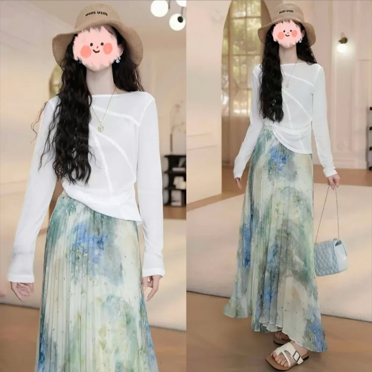 洋气衣服女2025夏季蕾丝花边长袖T恤百搭不规则半身裙气质套装女