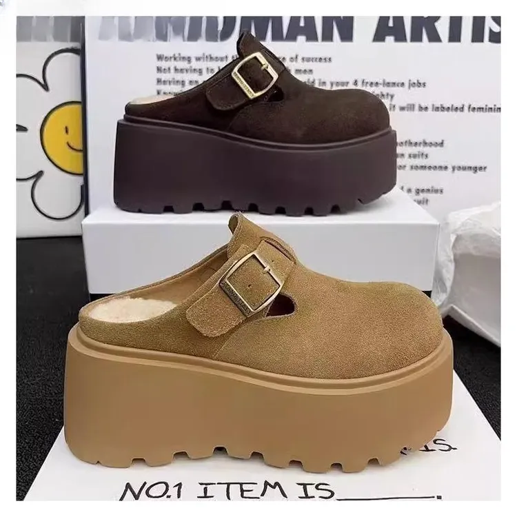 松糕毛毛拖勃肯鞋女2025秋冬新款厚底增高外穿包头半拖鞋加绒棉拖