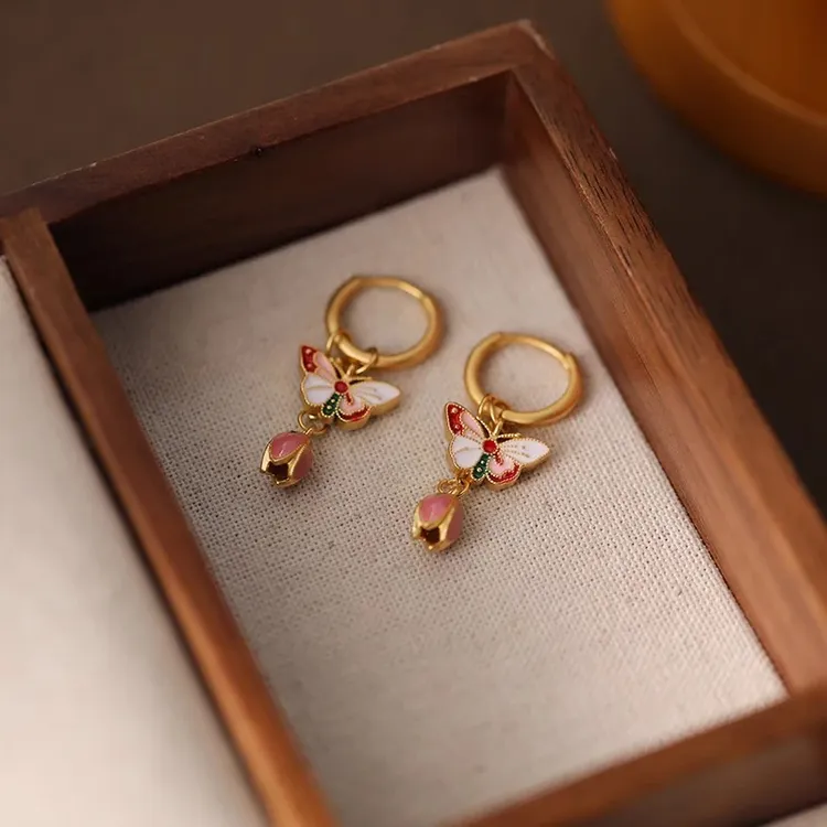 铜合金耳饰 小众独特国风郁金香耳环女新中式高级感彩绘耳扣耳饰