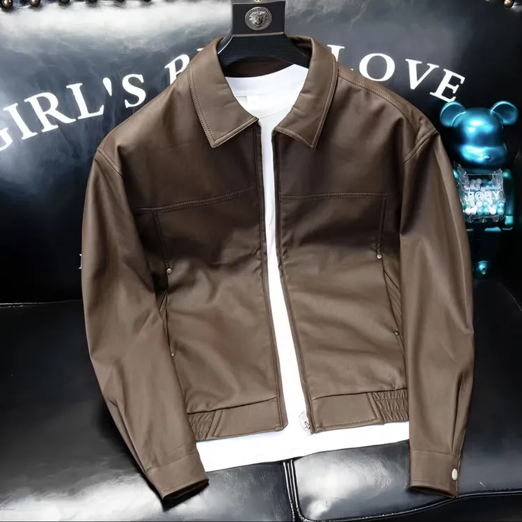 春秋季新款潮流复古皮衣夹克时尚翻领百搭纯色帅气长袖机车外套潮