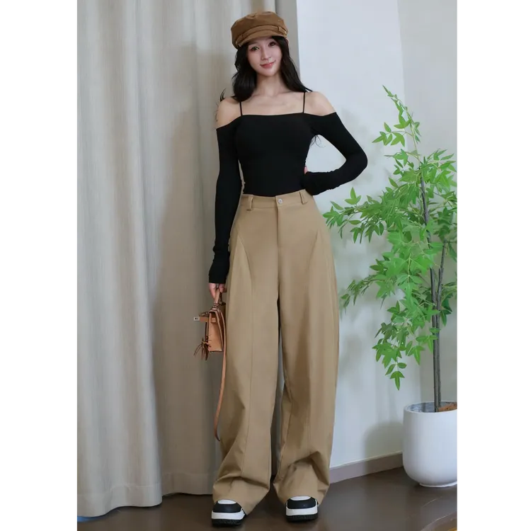 秋冬款卡其色女士阔腿弯刀裤上班年轻人女裤高腰休闲裤时尚女裤