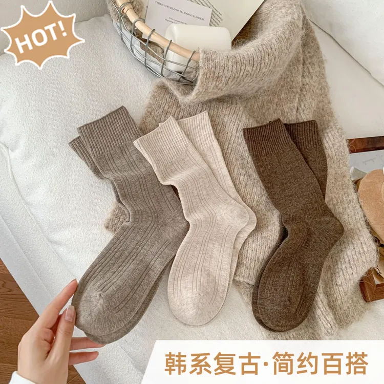 【100新疆棉】女士秋冬款无骨棉袜百搭ins韩系复古休闲风简约堆堆袜