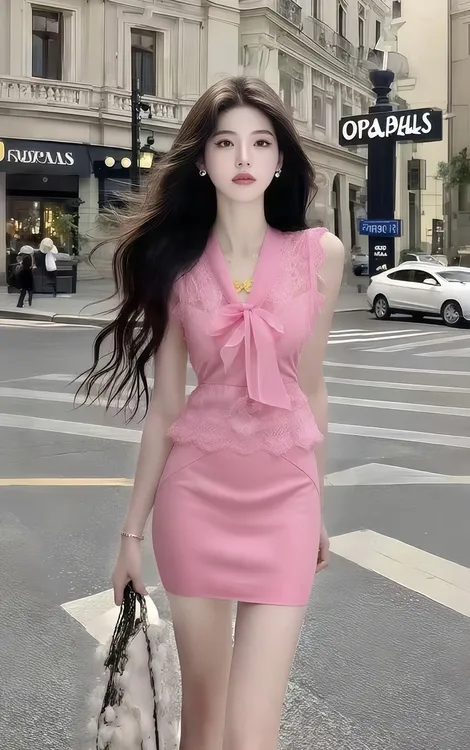 夏季新款温柔风粉色蕾丝V领无袖修身上衣+粉色包臀百搭半身裙套装