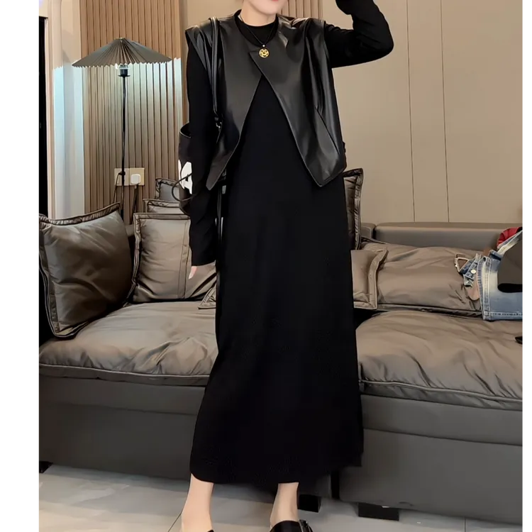 欧货2025秋季新款时尚套装女蛋白皮马甲背心+长袖连衣裙两件套潮