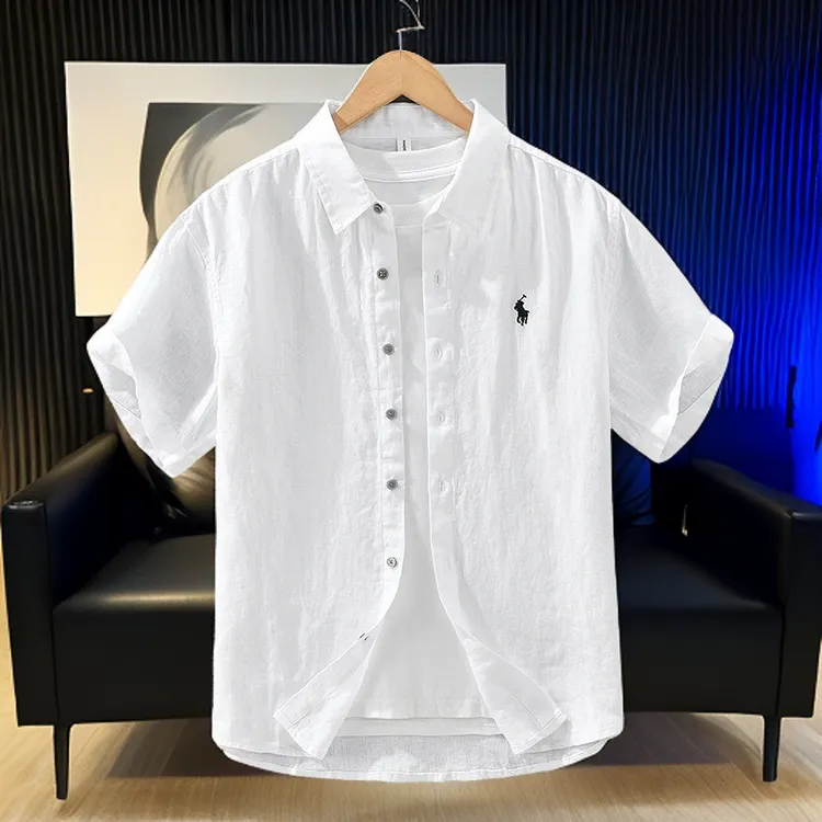 【100%纯亚麻】夏季薄款纯色刺绣翻领宽松衬衫男士休闲复古亚麻衬衣