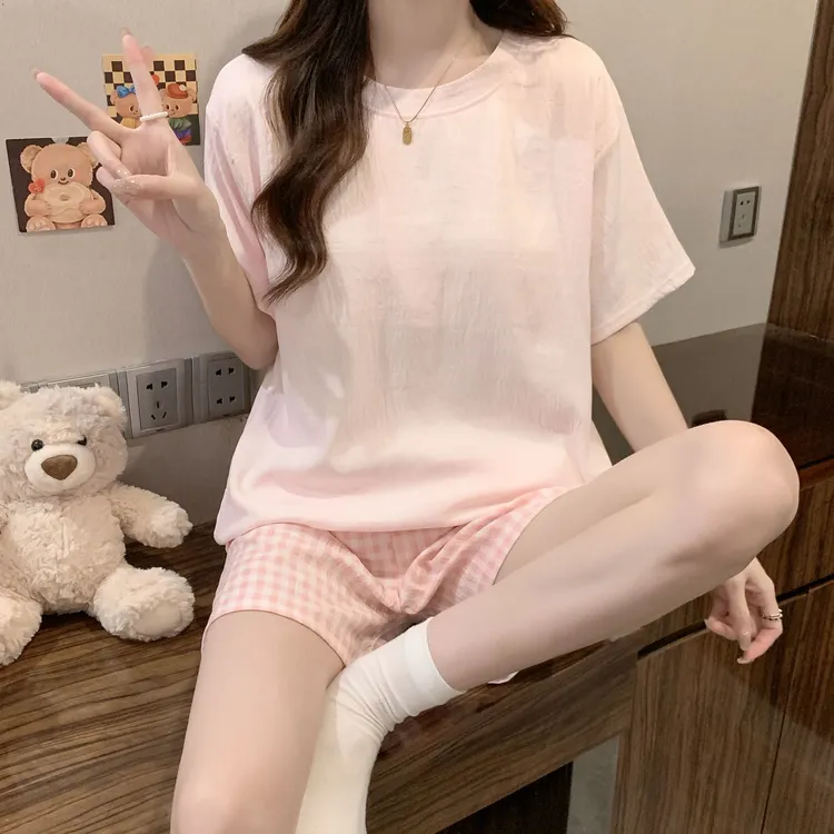 睡衣女新款夏季带胸垫短袖套装大码宽松甜美女士夏天可外穿家居服