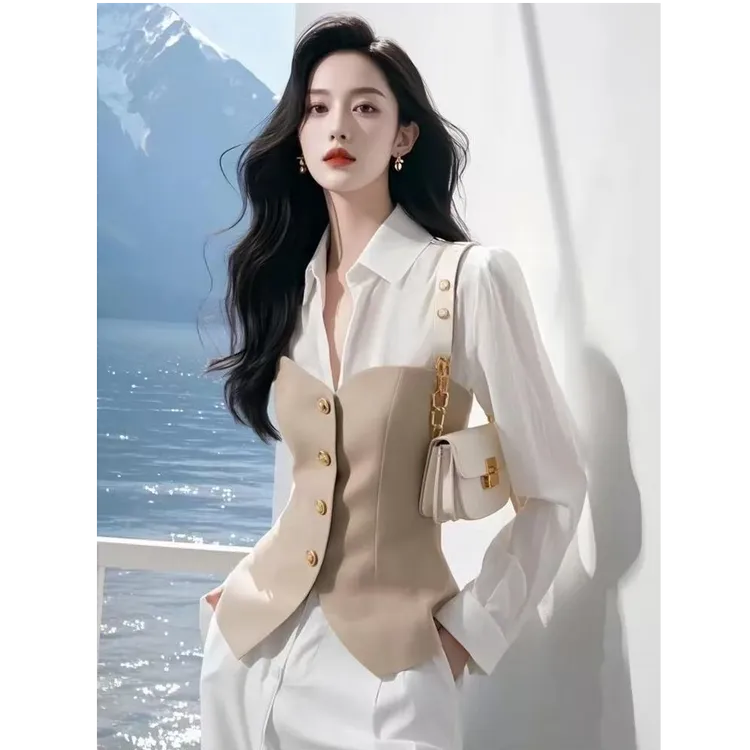 韩系气质POLO领衬衫女2025春季款收腰显瘦小衫洋气假两件上衣套装