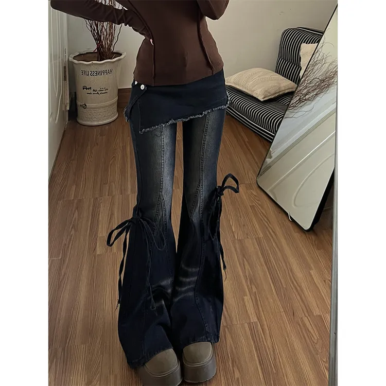 【可拆卸】牛仔裤微喇女冬季超火屁帘紧身设计感蝴蝶结辣妹修身裤子