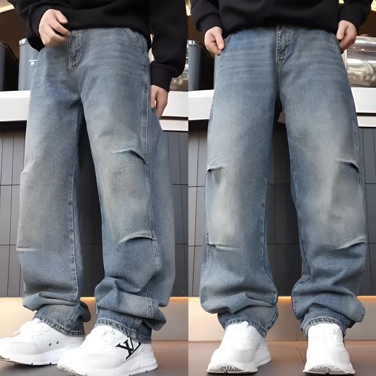 秋冬新款美式潮牌时尚重磅水洗牛仔裤男士立体裁剪休闲阔腿弯刀裤