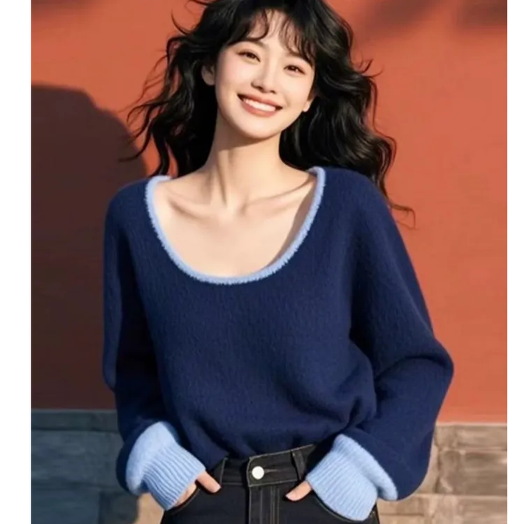 冬季藏蓝色拼接打底衫内搭上衣奶fufu韩系慵懒风高级感超好看毛衣