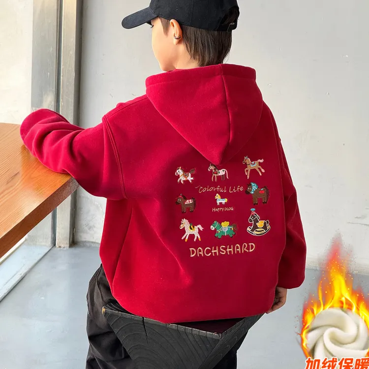 男童加绒卫衣儿童马年冬装红色新年衣服中大童冬季加厚款本命年潮