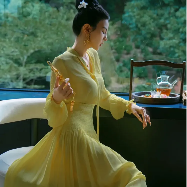 魏元高定/夏季对襟高腰优雅中国风法式连衣裙-0996