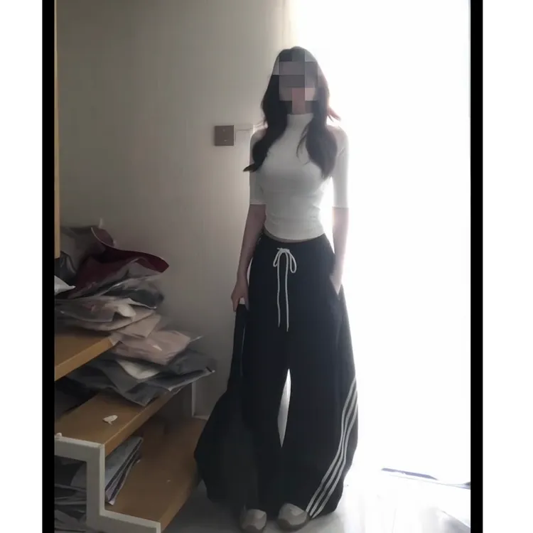 韩系辣妹穿搭一整套女春秋新款纯棉半高领中袖T恤阔腿裤两件套装