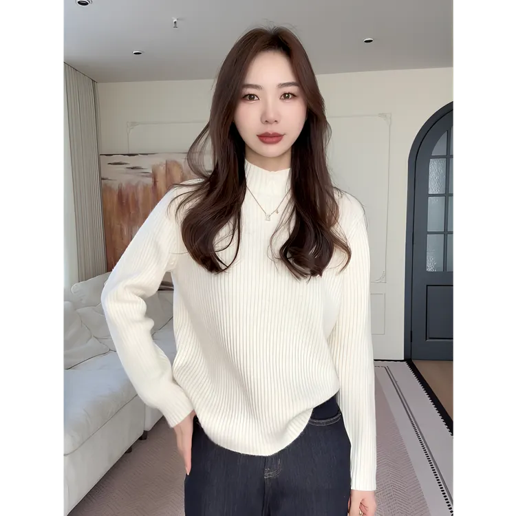 【余欢欢】冬季时尚百搭休闲竖坑条半高领毛衣-YHW51160