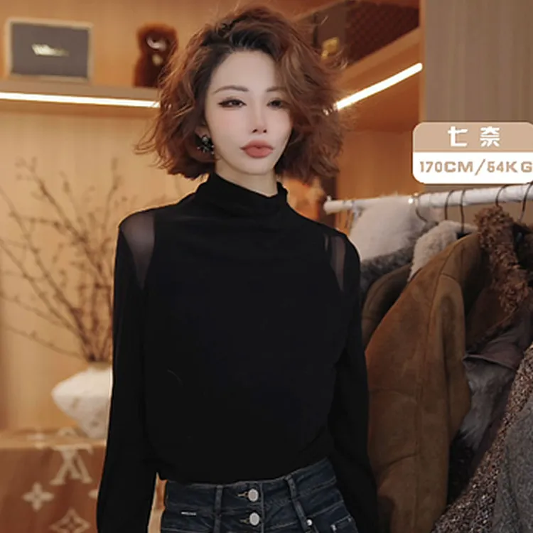 七奈「蓝日」法式立领纯色百搭打底衫QN13000