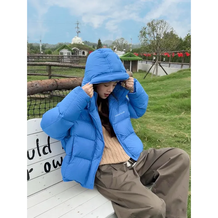 临典蓝色龟背泡芙羽绒服外套女2025冬季新款超好看百搭加厚面包服