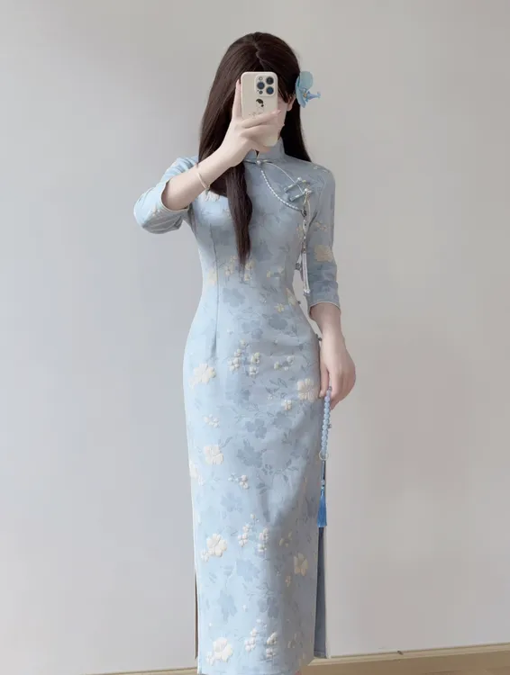 【雪沁蓝】秋季新款气质高端修身改良新中式国风连衣裙蓝色日常女