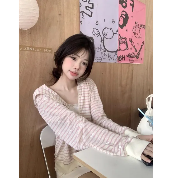 甜美蝴蝶结印花粉色条纹开衫外套女小个子上衣百搭时尚休闲设计感