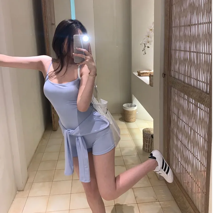 美式辣妹蓝色长袖坎肩上衣女夏季时尚套装吊带连体裤连衣裤两件套