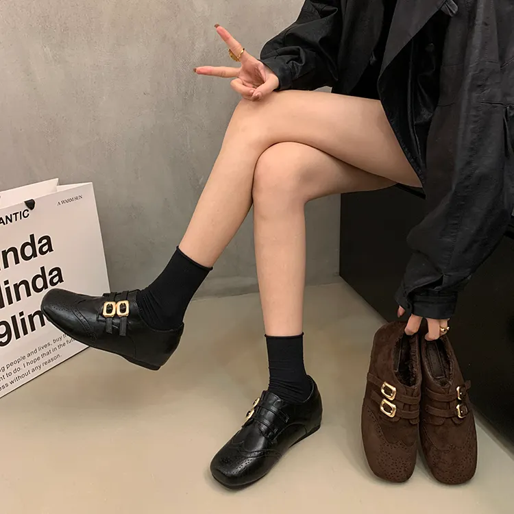 内增高4cm时尚复古方头加绒单鞋乐福鞋秋冬布洛克风英伦小皮鞋女
