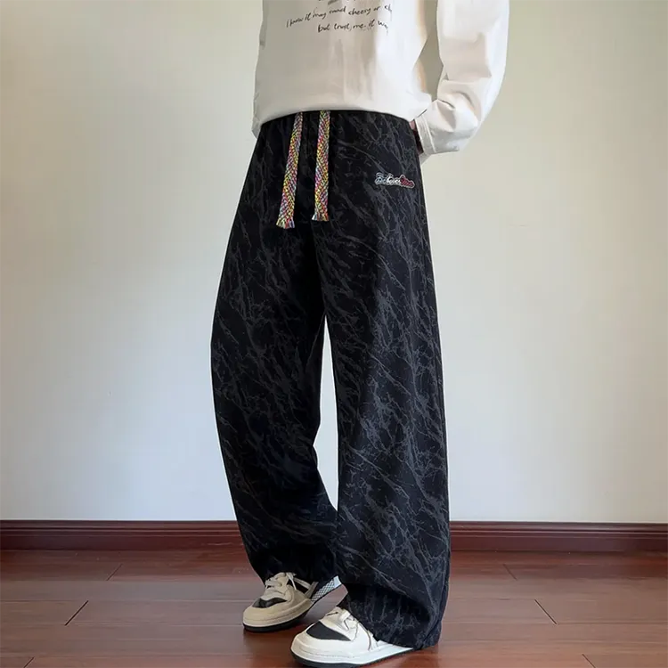扎染高街裤子男秋季新款百搭直筒宽松潮流阔腿长裤慵懒风运动卫裤