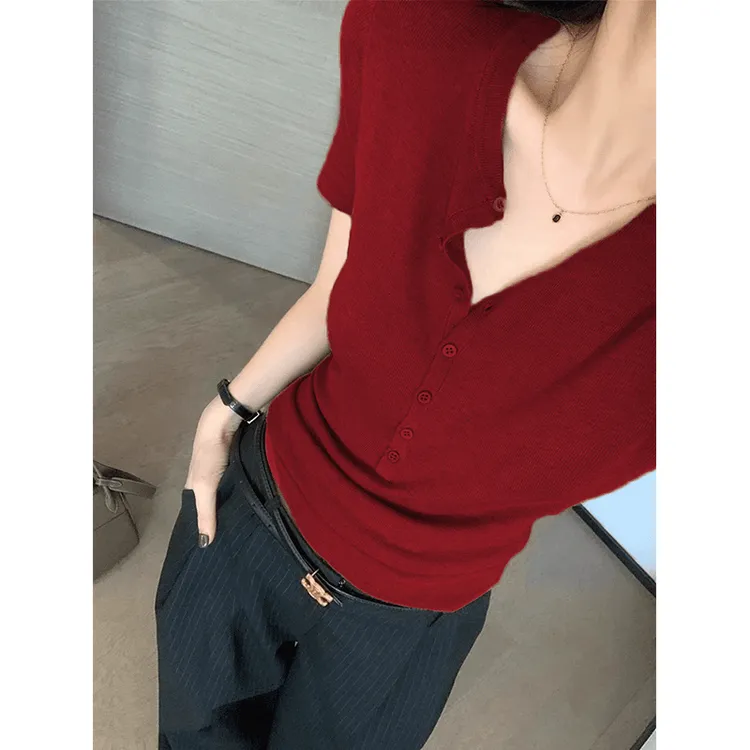 高级感老钱风红色中袖针织衫女气质半开领修身正肩百搭显瘦上衣夏