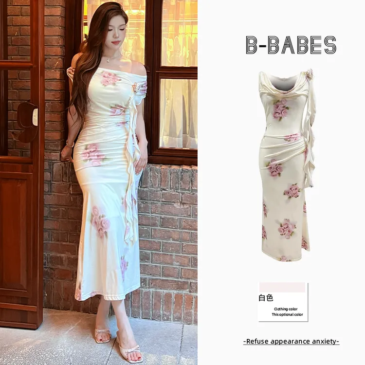 B-babes【瑰花浅梦】立体花朵飘带气质性感包臀裙夏季