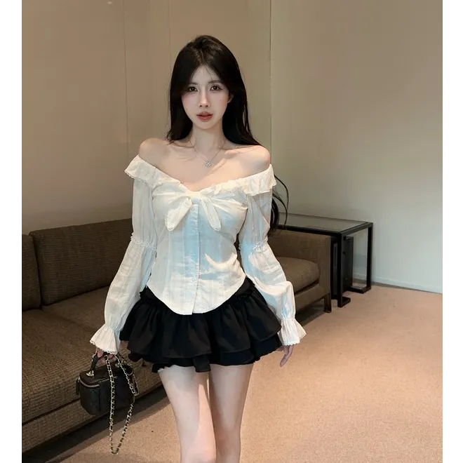 白色V领长袖女春季纯欲蕾丝木耳边衬衫短款半身裙套装