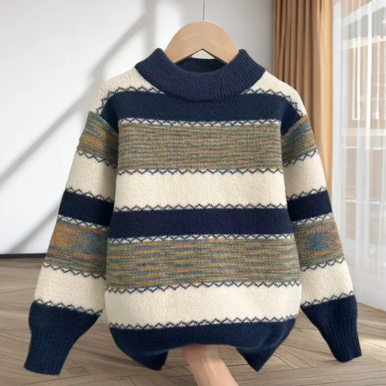 新款韩国绒男童条纹毛衣秋冬新款中大童男孩加厚加密针织打底衫