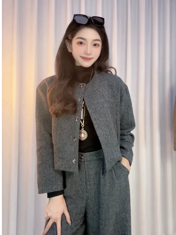 9391秋冬季时尚休闲小香风气质显瘦加厚外套阔腿裤套装