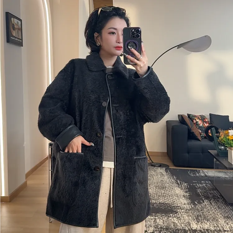 QISHI 法国BABYLACON直毛小拉贡皮毛一体翻领风衣廓形皮草外套女