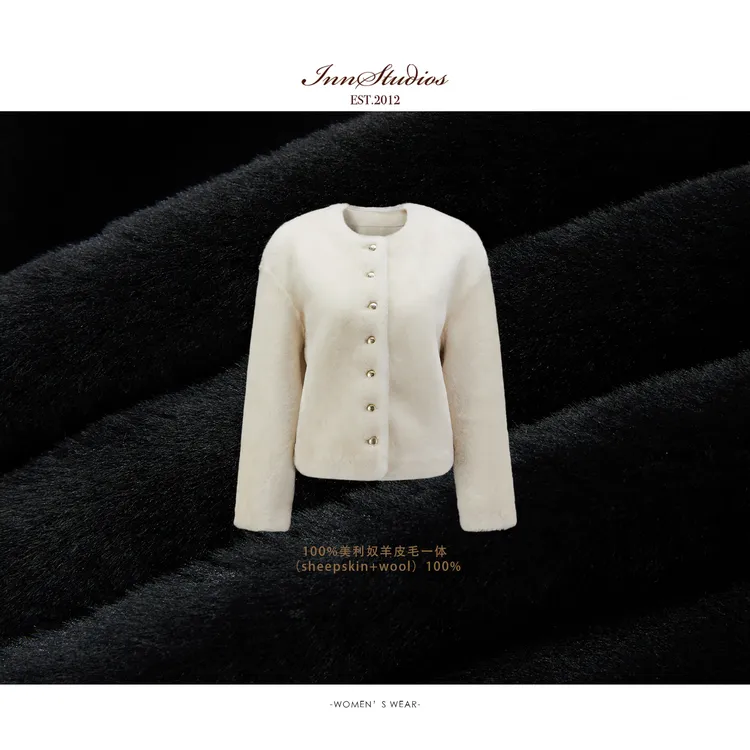 Innstudios 白色金扣皮毛一体毛毛外套