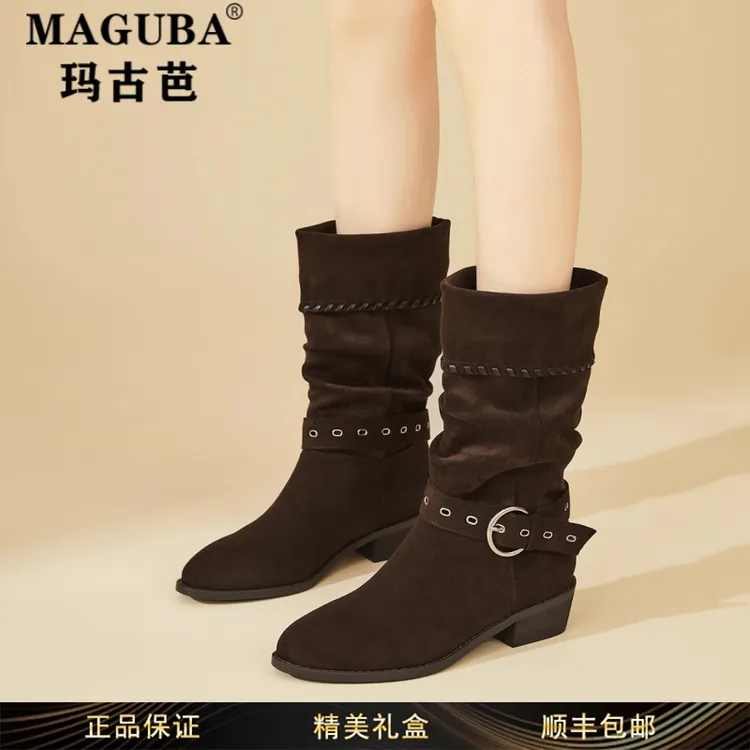 玛古芭女鞋粗跟防滑时尚马丁靴女秋冬季新款美拉德堆堆西部牛仔靴