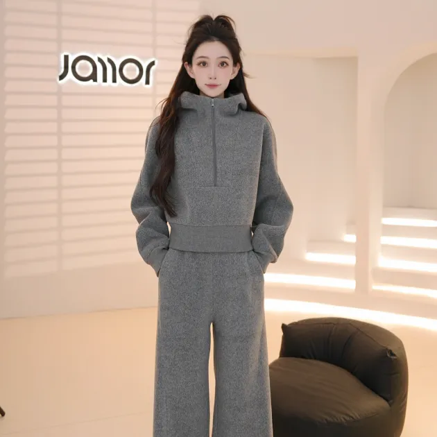 Jamor2025秋冬新款设计师休闲百搭加绒加厚半拉链套装DDA589348