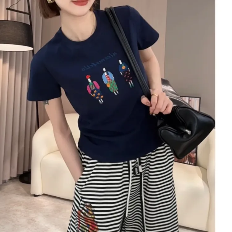 设计感刺绣韩版ins短袖t恤女2025新款夏季洋气气质小众正肩上衣潮