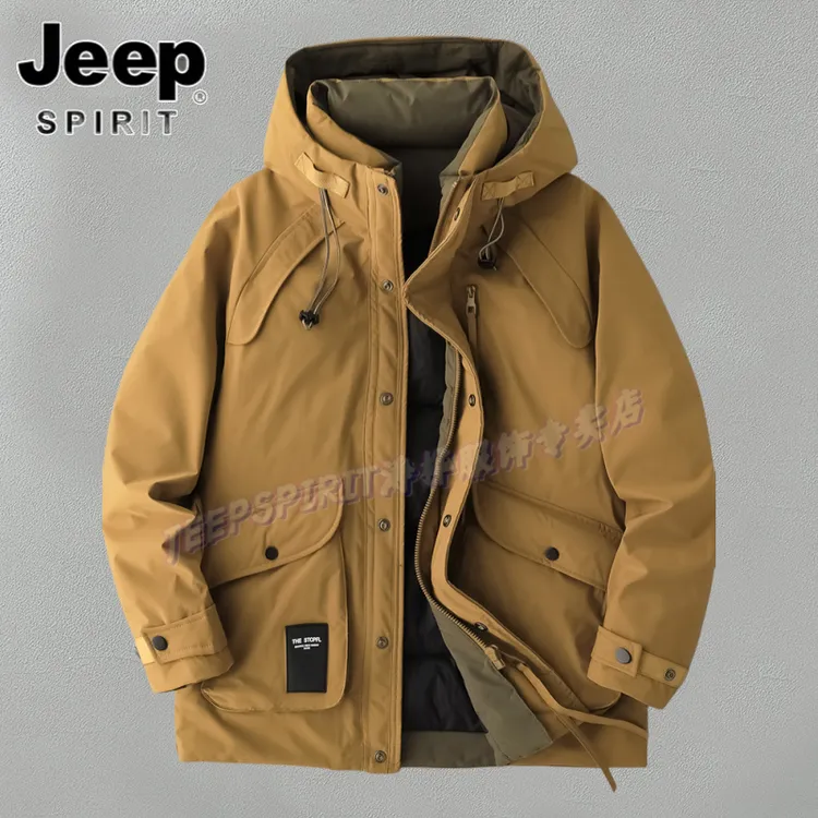 Jeep吉普重磅工装连帽羽绒服男士中长款冬季加厚保暖鸭绒工装外套