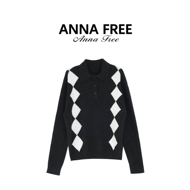 ANNA FREE 翻领菱形格秋冬新款内搭针织百搭套头显瘦上衣女Z8727