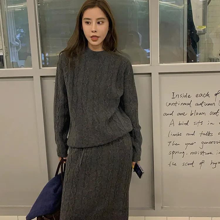 新款100%纯羊毛韩版女士宽松羊毛衫套装休闲针织半身裙春秋打底衫